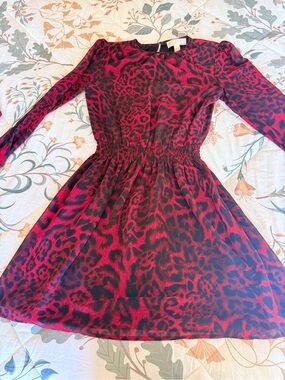 Michael Kors Red and Black Leopard-Print Long Sleeve mini Dress